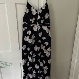Navy blue floral print maxi length dress